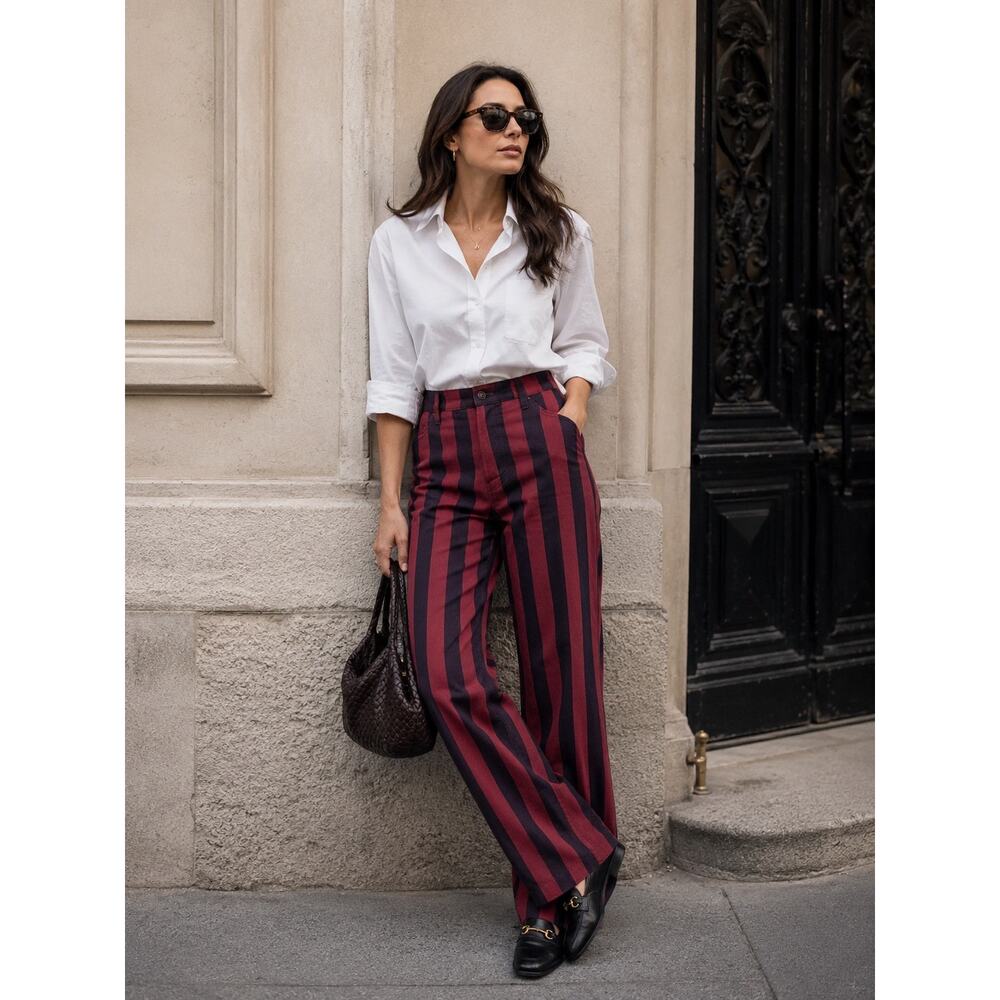 NWT Boden High Rise Stripe Straight Leg Pants 27 Petite Burgundy Navy - Picture 13 of 13